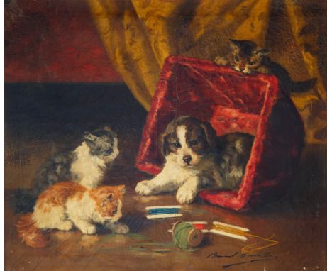 Mischievous Kittens and Puppies oil on canvas54.5 x 65.5 cm (21 1/2 x 25 3/4 in.)framed dimensions: 72 x 82.5 cm (28 3/8 x 32