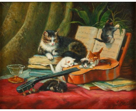 Cat and Five Kittens at a Piano oil on panel20 x 25.5 (7 7/8 x 10 in.)framed dimensions: 36 x 41 cm (14 1/8 x 16 1/8 in.)sign