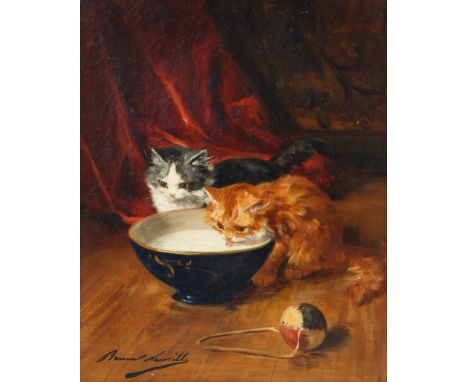 Kittens Sharing Milk oil on canvas46.5 x 38.5 cm (18 1/4 x 15 1/8 in.)framed dimensions: 54 x 46 cm (21 1/4 x 18 1/8 in.)sign