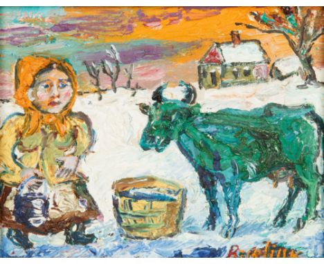 Milkmaid with Green Cow oil on canvas board20.5 x 20.5 cm (8 1/8 x 8 1/8 in.)framed dimensions: 39.5 x 44.5 cm (15 1/2 x 17 1