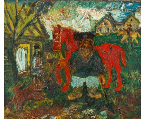 Farmer with Red Horse oil on canvas26 x 30.5 cm (10 1/4 x 12 in.)framed dimensions: 39 x 43 cm (15 3/8 x 16 7/8 in.)signed lo