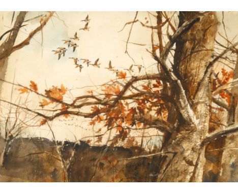 Flying Geese watercolor on paper49 x 70 cm (19 1/4 x 27 1/2 in.)framed dimensions: 71 x 90 cm (28 x 35 3/8 in.)signed lower c