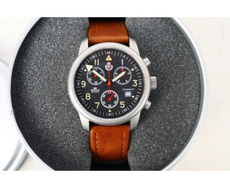 A Sewills RAF (Royal Air Force) Battle Of Britain chronograph wrist watch, black dial with luminous hands, case back with dep