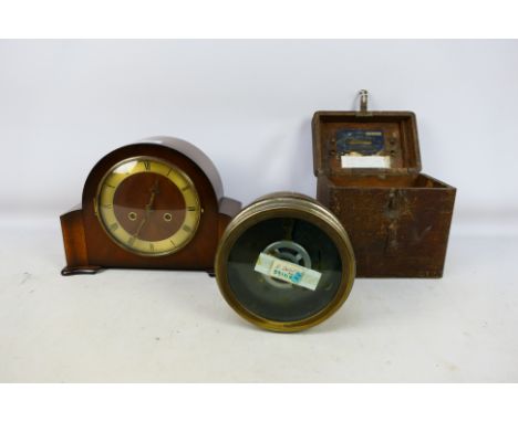 A mantel clock and a pigeon timing clock by The Automatic Timing Clock Co Ltd, contained in case. [2]. [W]