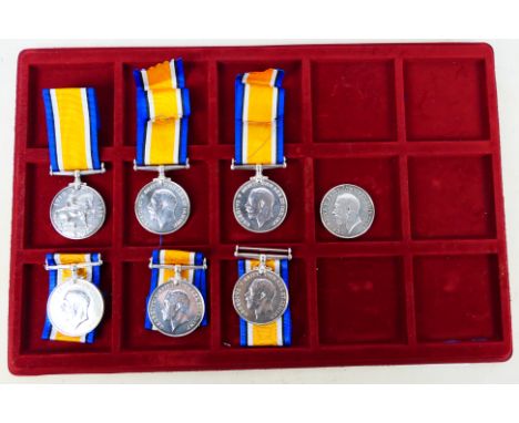 Seven World War One (WW1 / WWI) British War medals to include S-21494 PTE C S SIMPSON A&SH, 46009 PTE J A JOWETT, LAN FUS, 24