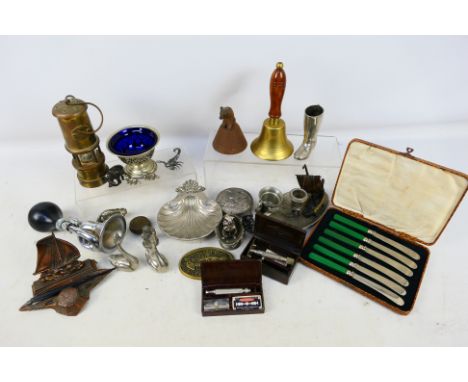 Mixed metalware lot to include small safety lamp 18 cm (h) excluding handle, small hand bell with turned wooden handle, plate