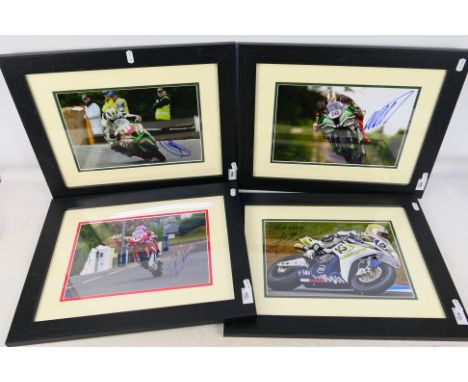 Four signed photographic images of motorcycle racers comprising Michael Dunlop, Peter Hickman, Lee Johnston and James Toselan