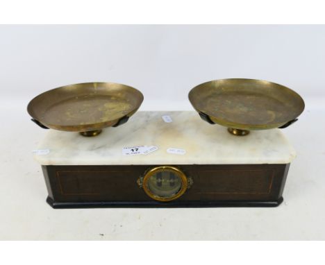 An antique set of kitchen scales by Parnall & Sons, Bristol, with wooden and marble base and two brass trays. [W]