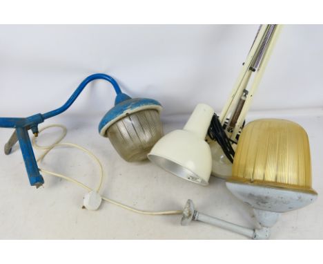 A white Anglepoise lamp, model 82, and two pieces of wall mountable vintage lighting. [2]. [W]