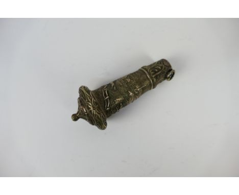 A white metal riding crop handle with embossed decoration of a fox hunting scene, stamped Ashford Maker To The Queen, 9 cm (l
