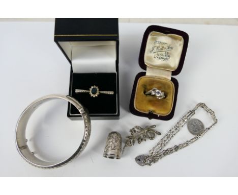 Silver group to include hinged bangle, cz set ring stamped 925, white metal gate link bracelet with hallmarked padlock clasp,