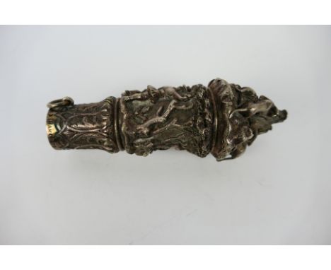 A white metal riding crop handle with embossed decoration of a hunting scene, stamped Ashford Maker To The Queen, 9 cm (l). [