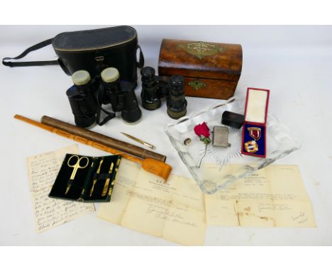 Lot to include a tea caddy, cased binoculars, back scratcher, gold filled mechanical pencil, cigarette lighter and other. [W]