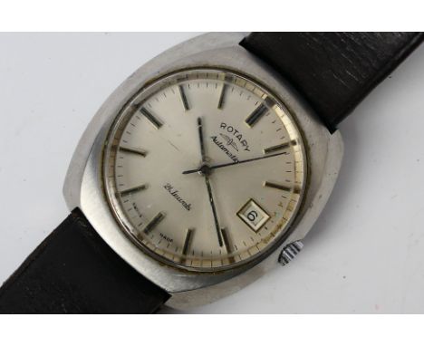A stainless steel cased Rotary automatic, 21 jewel wrist watch with baton markers and date at 3 o'clock, on black leather str