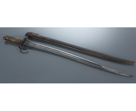 19TH CENTURY CHASSEPOT MODEL BAYONET
dated 1869, with curved quillon and ribbed brass hilt, and scabbard, 71cm long