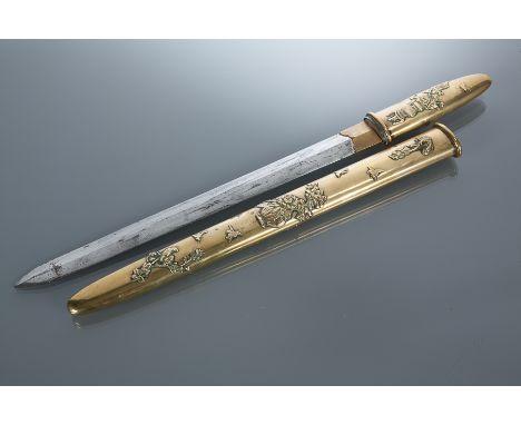 JAPANESE AIKUCHI 
circa 1900, in a brass scabbard, with double edged blade, the scabbard signed, 52cm long