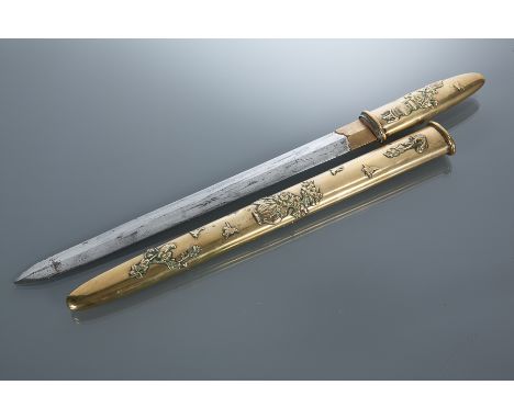 JAPANESE AIKUCHI 
circa 1900, in a brass scabbard, with double edged blade, the scabbard signed, 52cm long