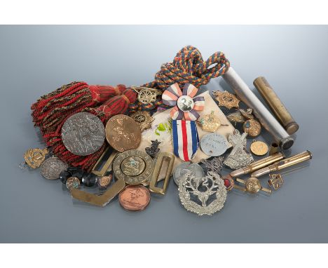COLLECTION OF BRITISH CAP BADGES AND MEDALS
including a belt buckle, bugle sash, Nelson commemorative medal and two sweethear
