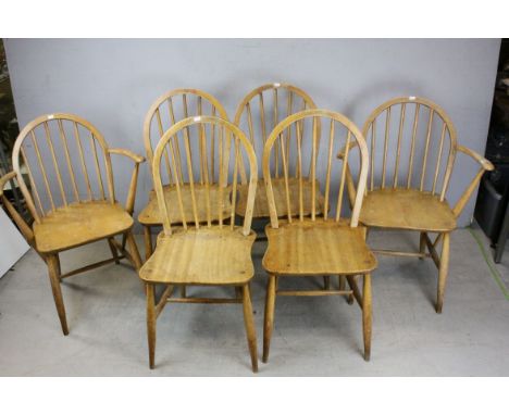 Set of Six Pale Beech and Elm Hoop and Stick Back Kitchen / Dining Chairs (including Two Carvers) 