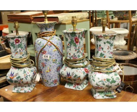 Three Matching Early 20th century Chintz Pattern Ceramic Table Lamps h.34cms plus another similar, 