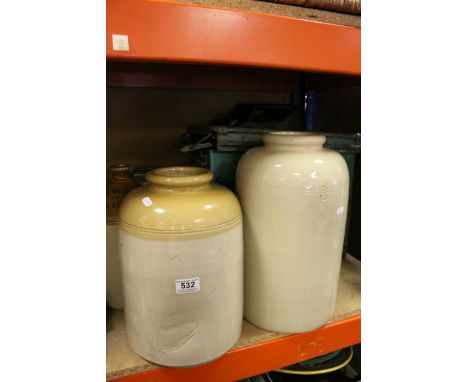 A group of sundries to include  two large stoneware jars a similar flagon marked t r williams wigan a painted hat box m child