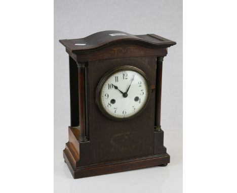 Late 19th / Early 20th century Wooden Cased Mantle Clock, the white enamel dial with arabic numerals, h.33cms