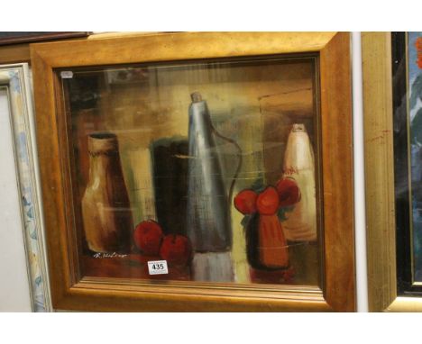 R Wilcox oil on board still of studio wear pots and fruit 39 45cm