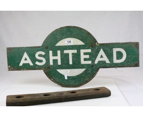 Southern Railways Green Enamel Target Station Sign ' Ashtead ', 72cms x 33cms mounted on a Wooden Board