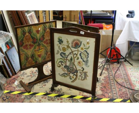 Two Early 20th century Wooden Framed Firescreens plus a Brass Relief Firescreen