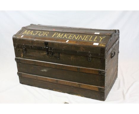 Victorian Wooden Bound and Canvas Covered Domed Top Travelling Trunk marked ' Major P.M. Kennelly ', h.51cms w.86cms