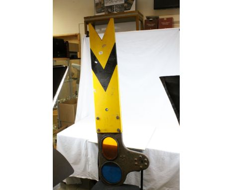 Railwayana - British Rail Distant Signal Arm, Enamel Yellow and Black, the Iron Bracket set with Red and Green Perspex Panels