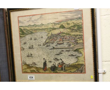   A framed antique coloured print Braun &amp; Hogenberg's view of Santander.31 x 35 cm.
