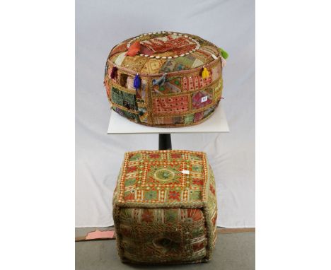 Two Indian Multi-coloured Embroidered Pouffe 