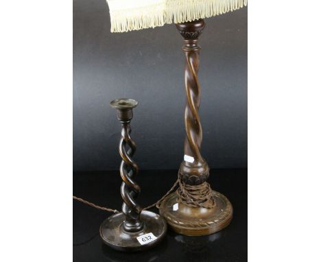 Oak Barley Twist Candlestick together with Wooden Twisted Stem Table Lamp plus a Firescreen