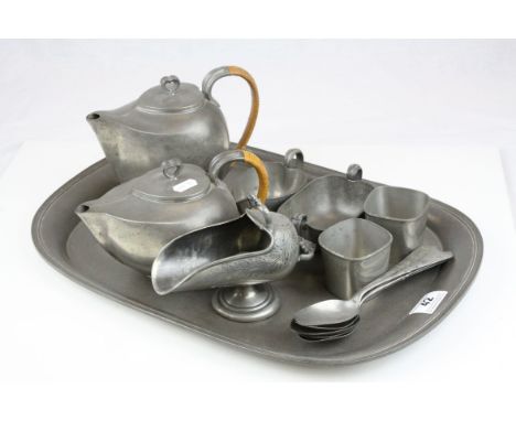 Early 20th century Danish ' Just Andersen ' Pewter Tea Service comprising Coffee Pot and Tea Pot (both with heart shaped fini