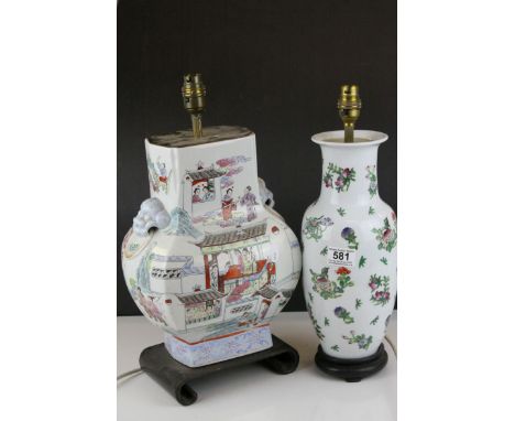 20th century Chinese Famille Rose Ceramic Table Lamp decorated with Figures h.36cms together with Chinese Ceramic Table Lamp 