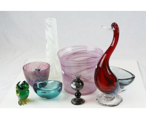 Collection of Glassware including Large Pink Swirl Vase, Iridescent Vase, Two Murano Glass Birds, Nailsea Style Cylindrical V