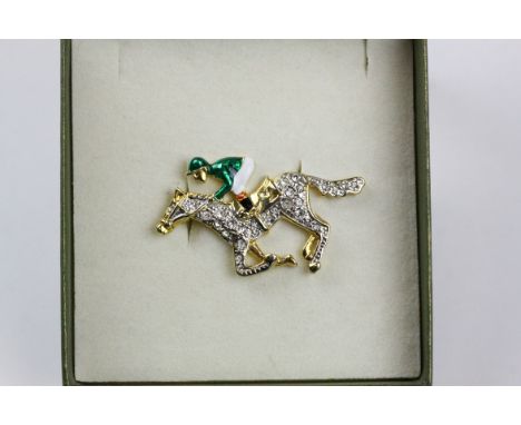 Gilt and diamante enamel horse &amp; jockey brooch
