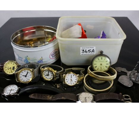 Mixed Lot of Wristwatches, Pocket Watch, Compass, Bath Ruby Enamel Badges and other Badges, etc