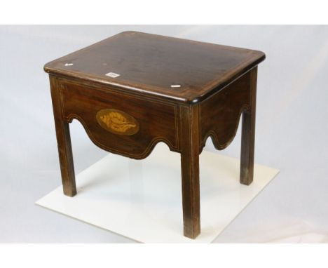 Georgian Mahogany Commode Box with Shell Inlaid decoration, the lid opening to reveal a ceramic bowl with lid, with shaped ap