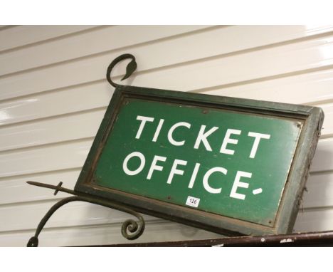 British Rail Double Sided Green Enamel ' Ticket Office ' Sign 61cms x 31cms contained within a Wooden Frame with Iron Bracket