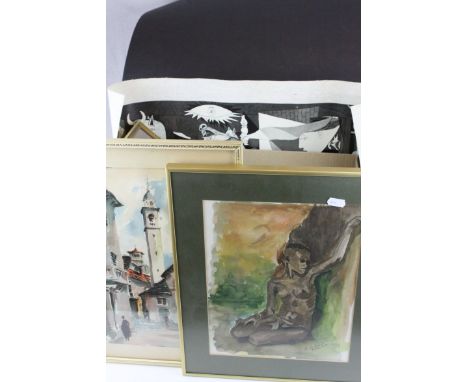 Group of pictures and prints to include an unframed Picasso print on fabric.