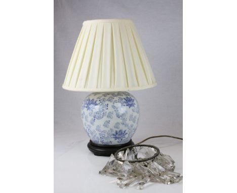 Blue and White Ceramic Table Lamp with Shade together with a Crystal Drop Light Fitting