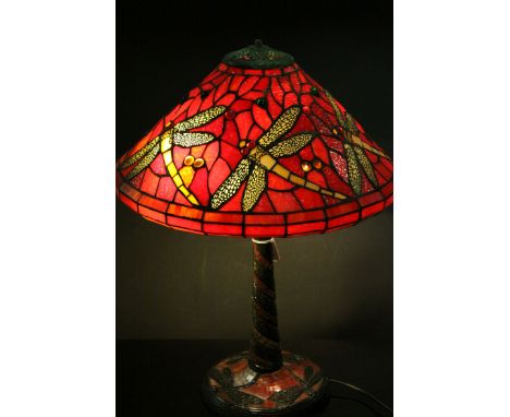 Tiffany Style Table Lamp, the Red Shade decorated with Dragonflies, h.58cms