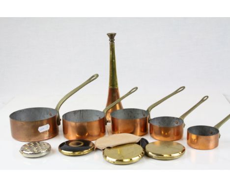 Set of Five Small Copper Graduating Saucepans together with a Copper &amp; Brass Hunting Horn and Four Ladies Compacts