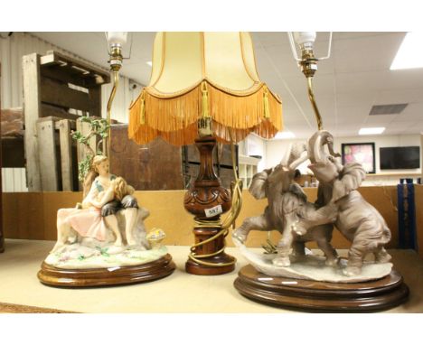 Table Lamp in the form of Boy &amp; Girl Lovers together with a Table Lamp in the form of Two Elephants and a Wooden Table La