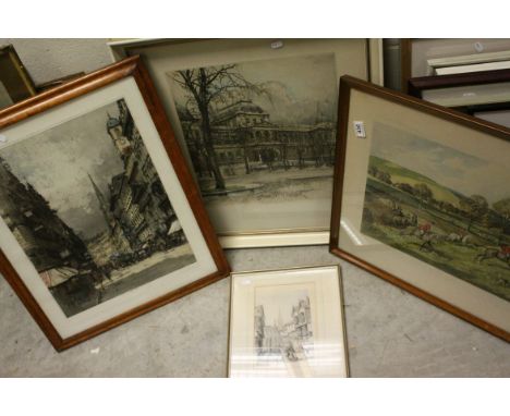 Four framed prints including hunting and cityscapes.