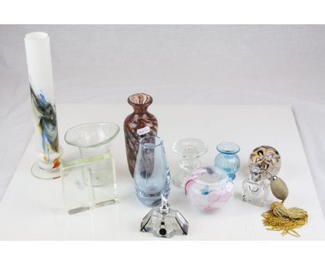 Collection of Glassware including Two Atomisers, Caithness Vase, Paperweight, Cylinder Vase, Studio Vase signed G E Evans, Tu