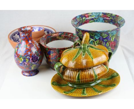  A group of ceramics to include majolica corn tureen and stand two chintz style plant pots and a vase  together with sponge d