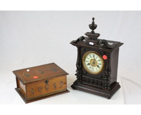 Late 19th / Early 20th century Wooden Cased Mantle Clock together with a Wooden Box with transfer printed design